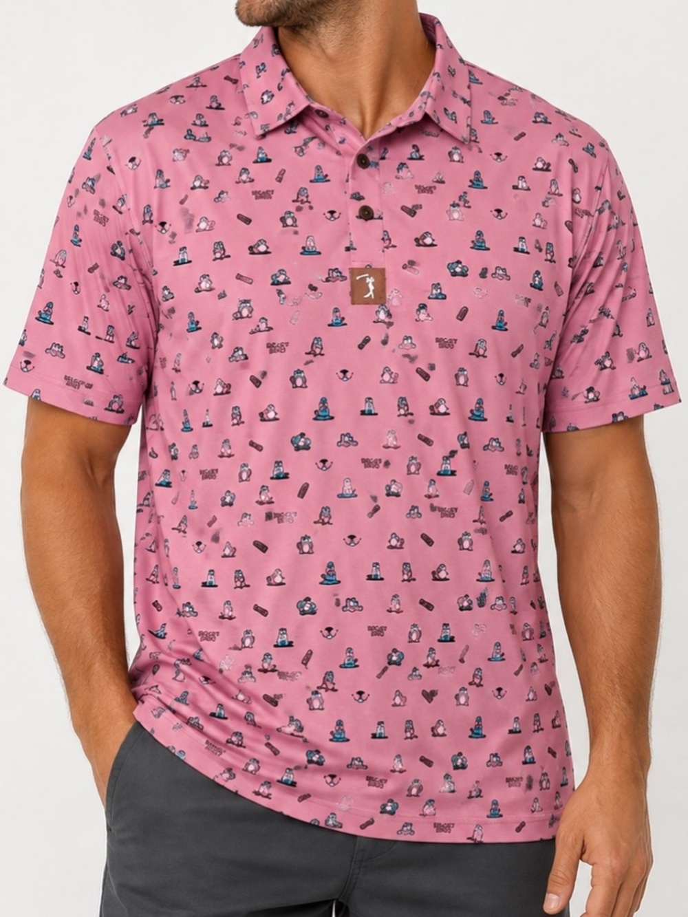 Bogey Bros Golf Shirt Mens Size XXL Pink All Over Print Woodchuck Polo Performan